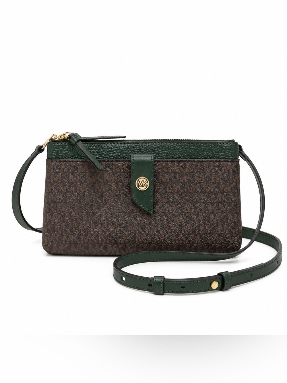 Michael Kors Brown Logo Crossbody with Green Trim Brand New